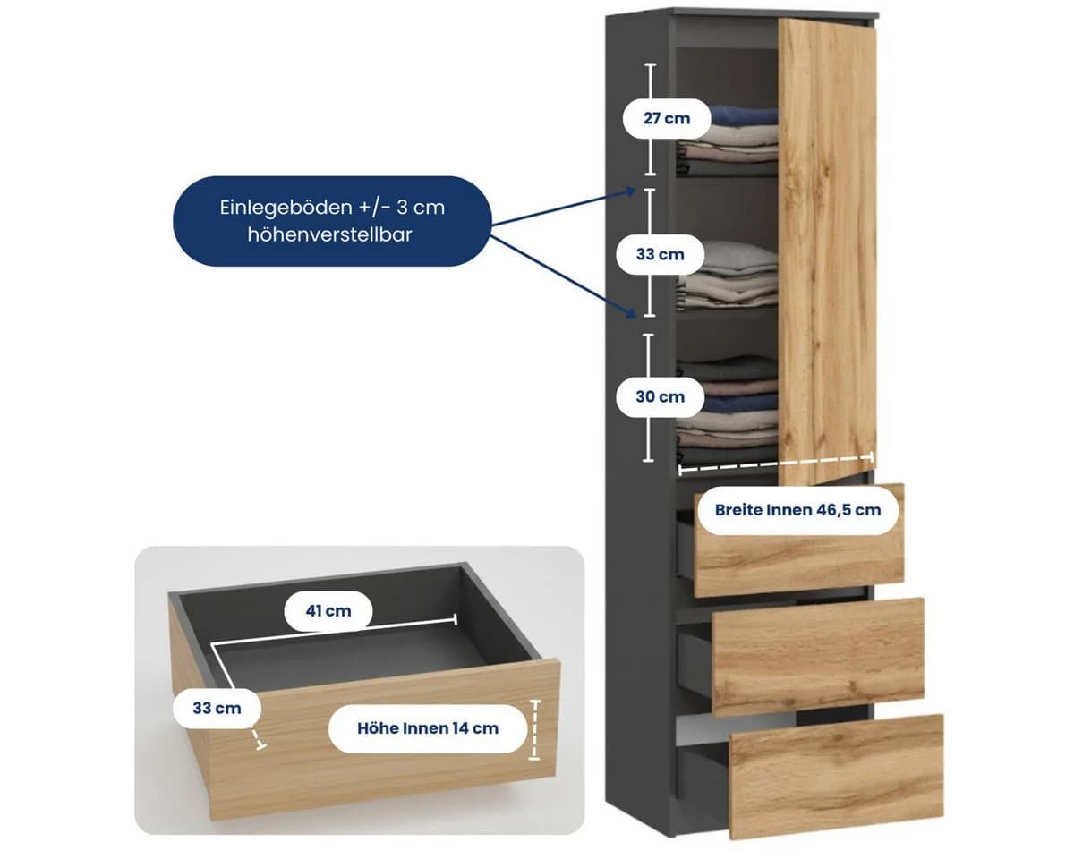 Home Collective Kleiderschrank Anthrazit-Eiche 1 Tür 3 Schubladen - Bild 3