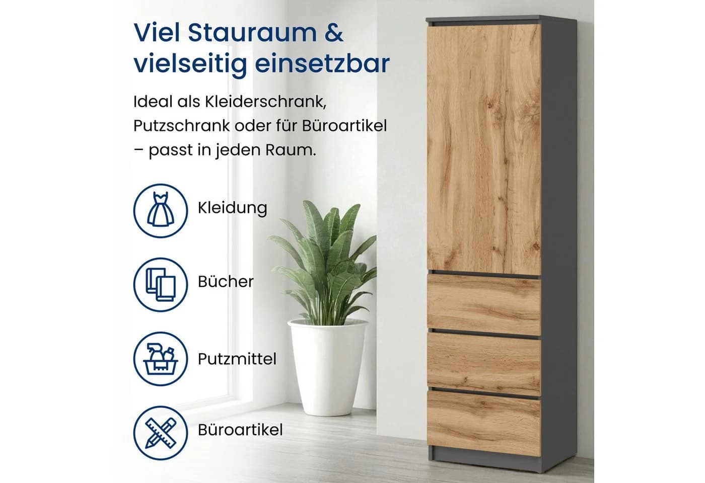 Home Collective Kleiderschrank Anthrazit-Eiche 1 Tür 3 Schubladen - Bild 4