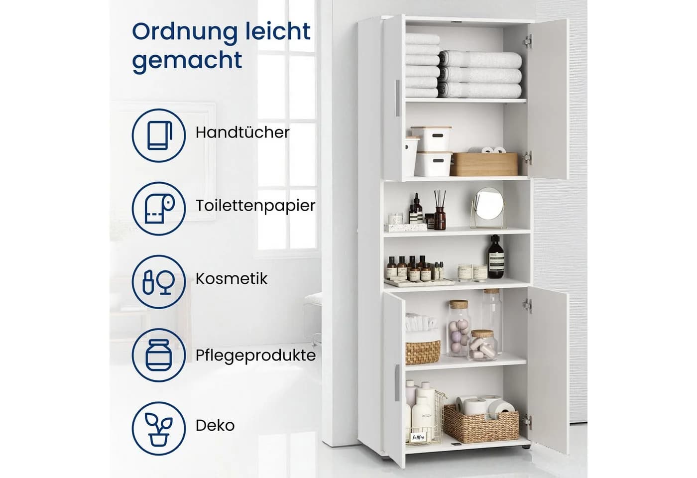 Home Collective Badkommode Hochschrank 4 Türen Weiß 6 Fächer - Bild 3