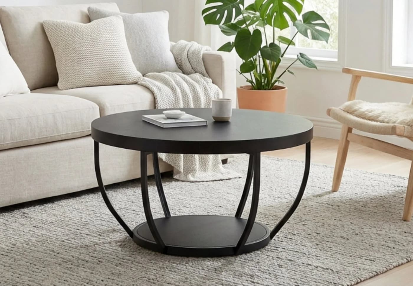 Home Collective Couchtisch Beistelltisch rund Ø 80 cm moderner Wohnzimmertisch mit 2 Ablagen schwarz - Bild 2