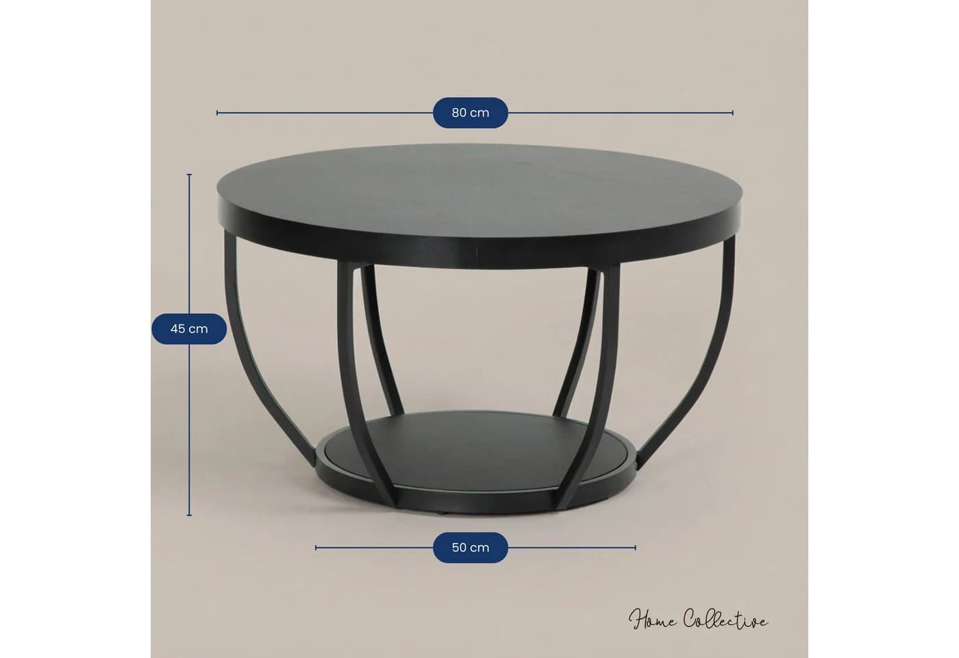 Home Collective Couchtisch Beistelltisch rund Ø 80 cm moderner Wohnzimmertisch mit 2 Ablagen schwarz - Bild 3