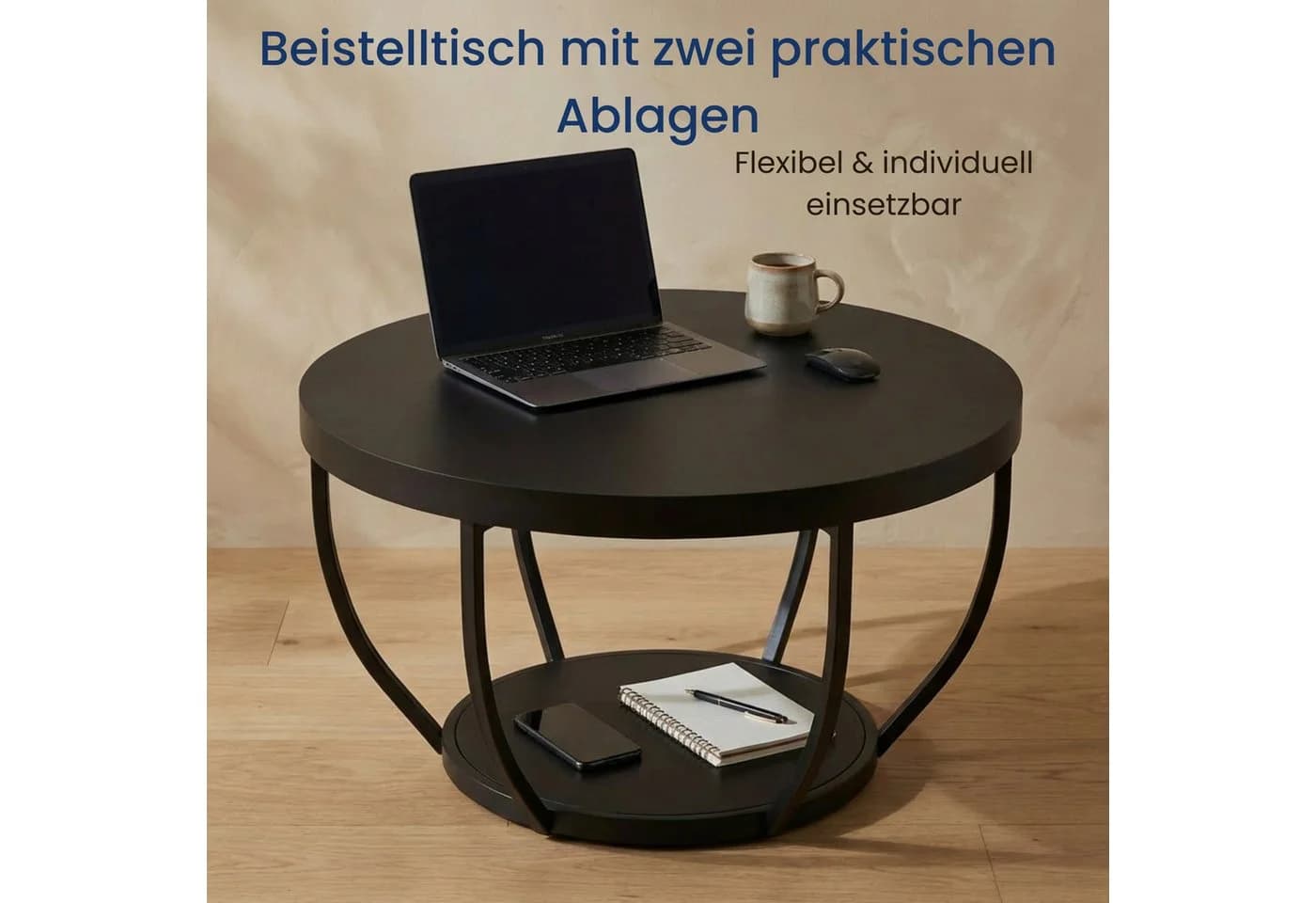 Home Collective Couchtisch Beistelltisch rund Ø 80 cm moderner Wohnzimmertisch mit 2 Ablagen schwarz - Bild 4