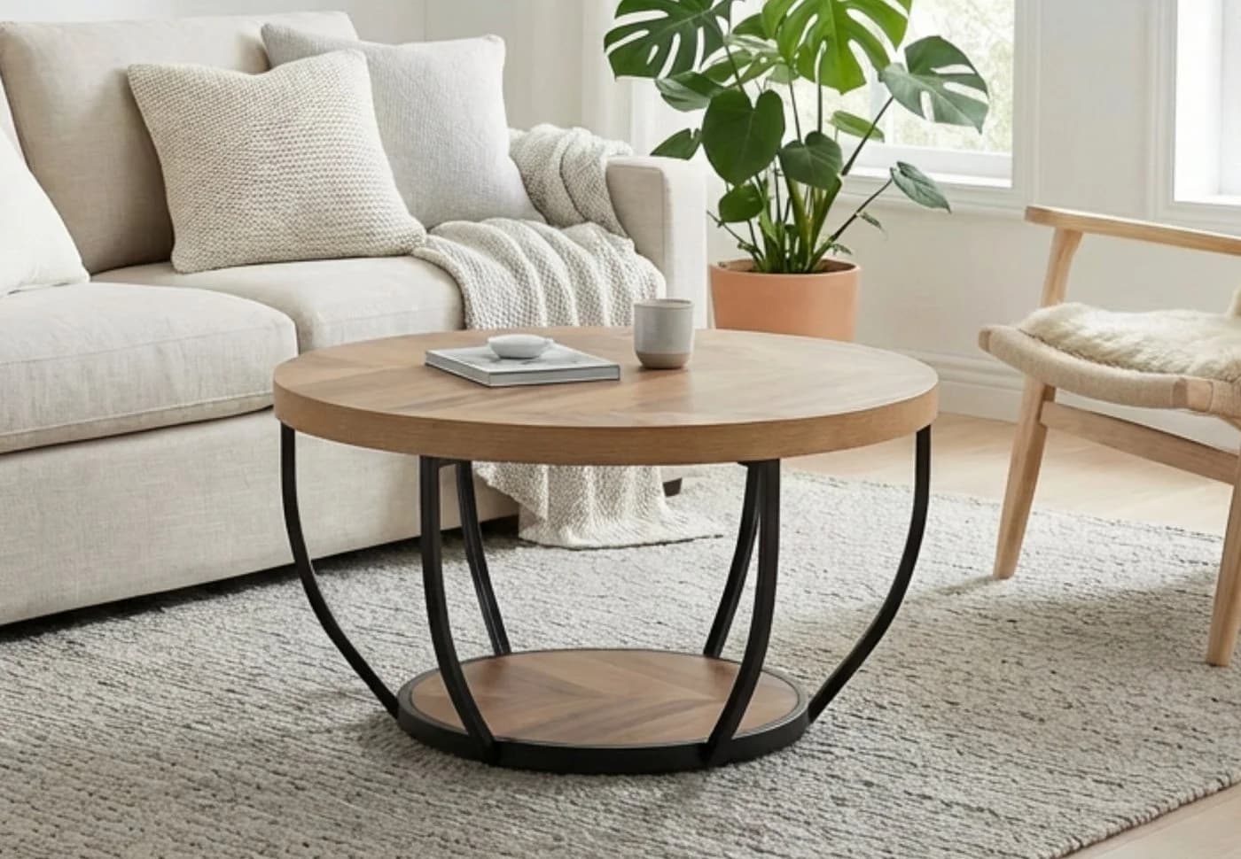 Home Collective Couchtisch Beistelltisch rund Ø 80 cm moderner Wohnzimmertisch mit 2 Ablagen - Bild 2