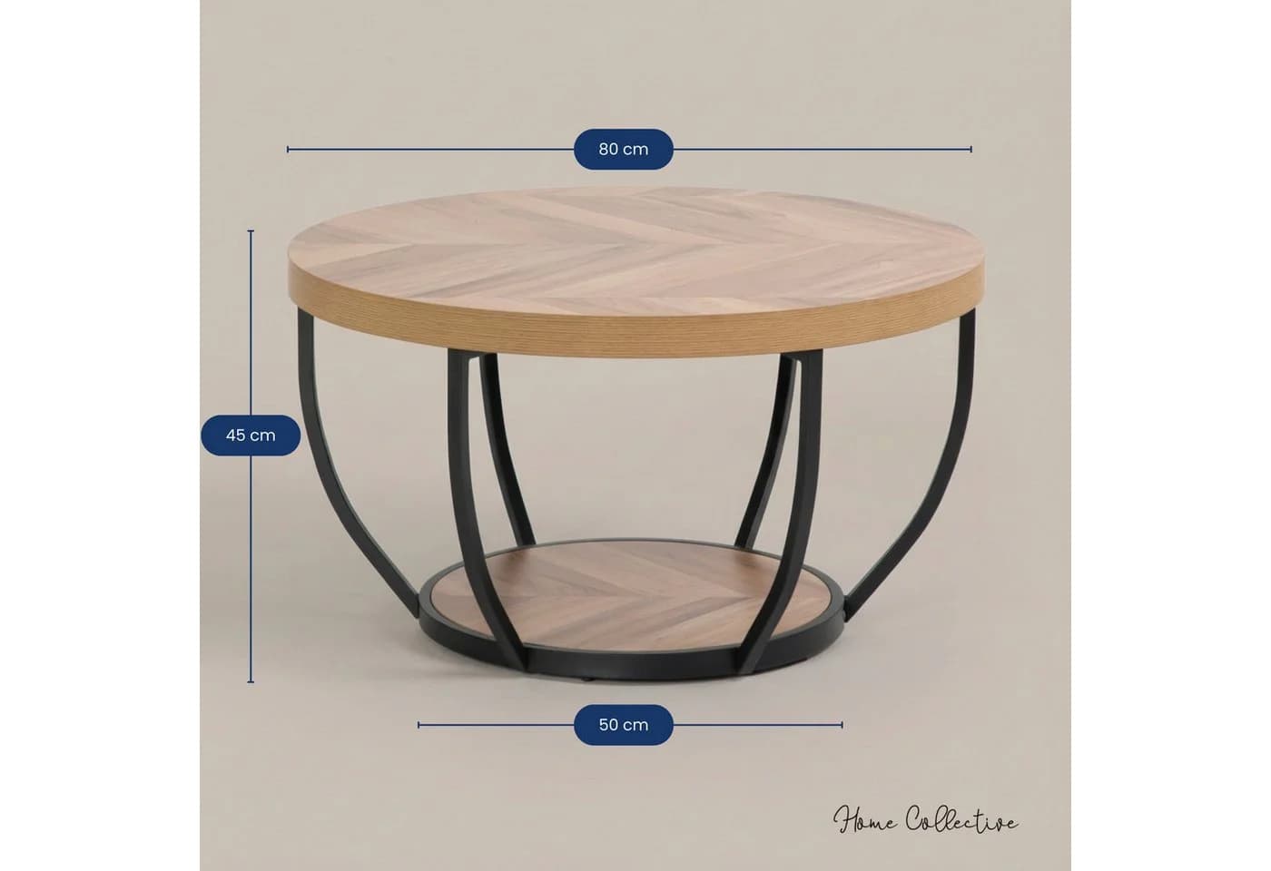 Home Collective Couchtisch Beistelltisch rund Ø 80 cm moderner Wohnzimmertisch mit 2 Ablagen - Bild 3