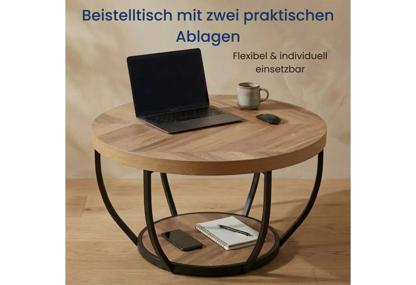 Home Collective Couchtisch Beistelltisch rund Ø 80 cm moderner Wohnzimmertisch mit 2 Ablagen - Bild 4