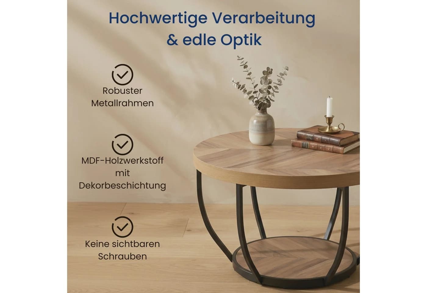 Home Collective Couchtisch Beistelltisch rund Ø 80 cm moderner Wohnzimmertisch mit 2 Ablagen - Bild 5
