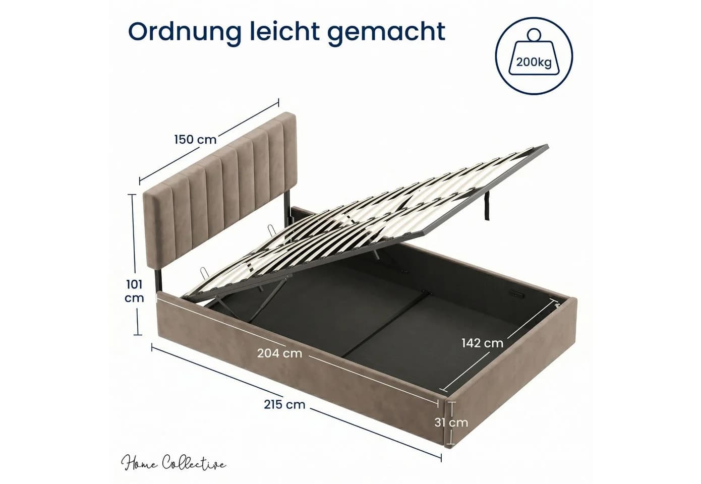 Home Collective Polsterbett mit Stauraum und Lattenrost Beige Samt - Bild 3