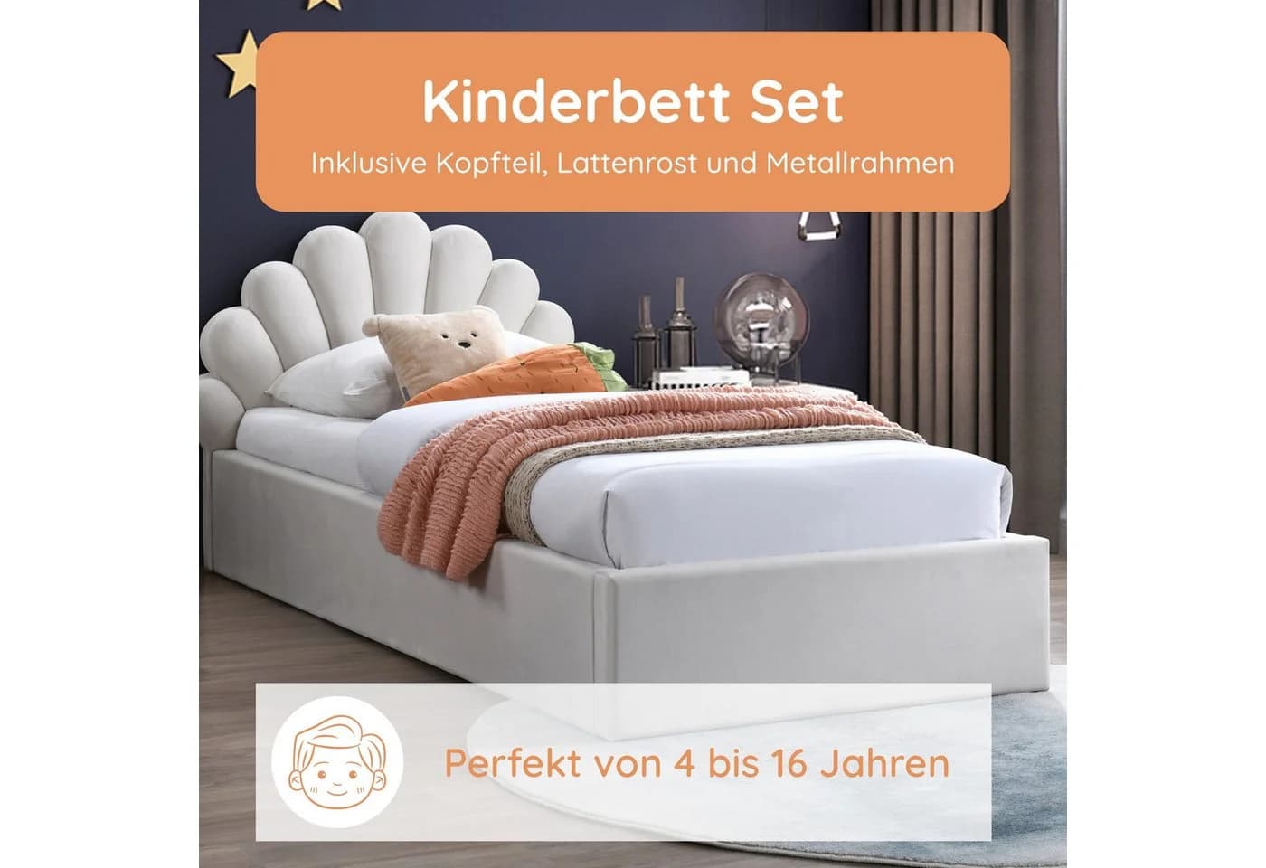 Kids Collective Kinderbett Polsterbett 90x200 cm mit Samtbezug Beige
