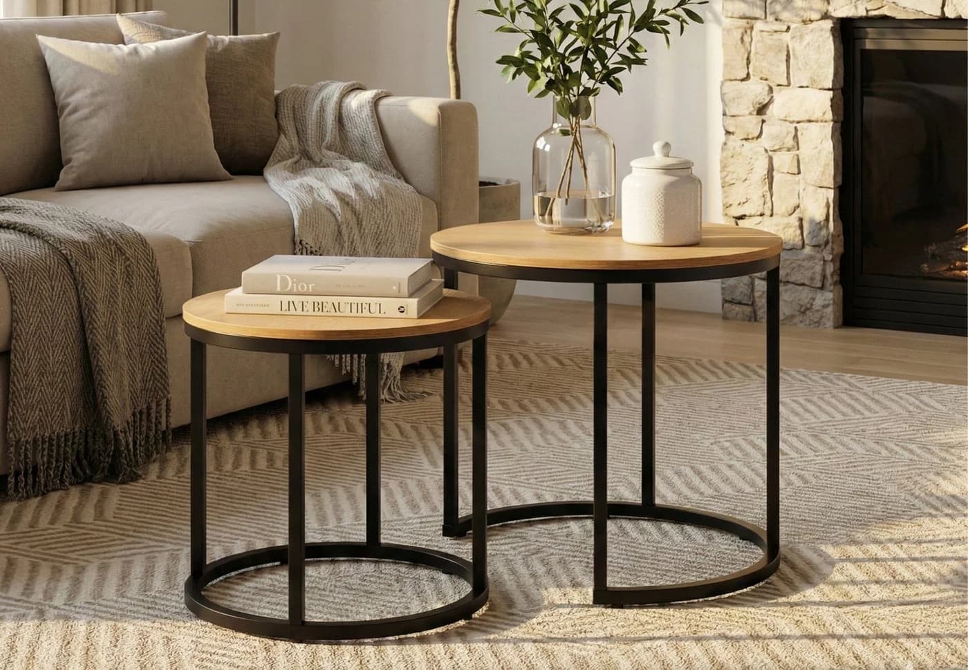 Home Collective Couchtisch 2er Set Rund Eiche dunkel Metallgestell - Bild 2
