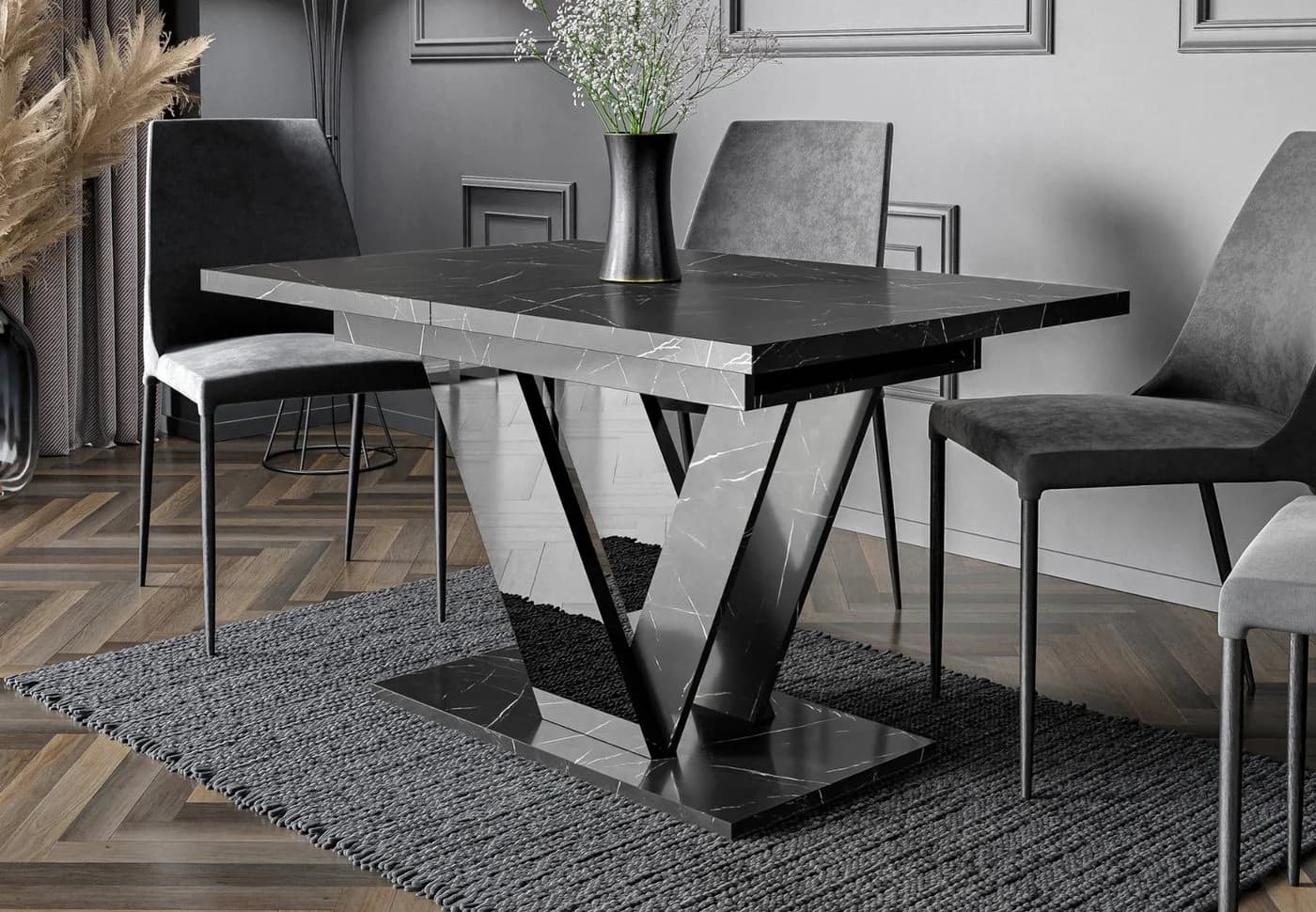 Home Collective Esstisch ausziehbar Schwarz Marmor-Optik V-Gestell - Bild 2