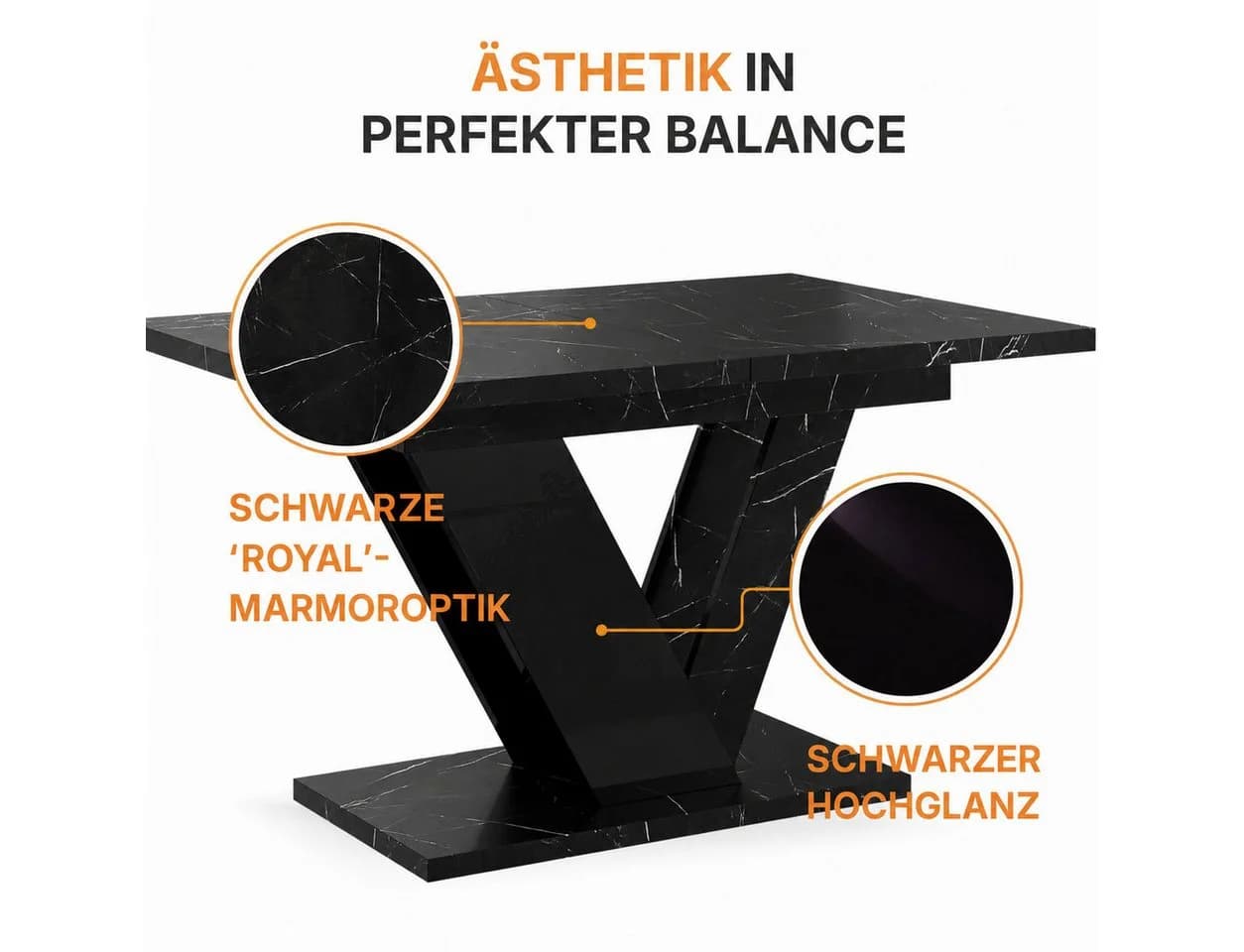 Home Collective Esstisch ausziehbar Schwarz Marmor-Optik V-Gestell - Bild 3