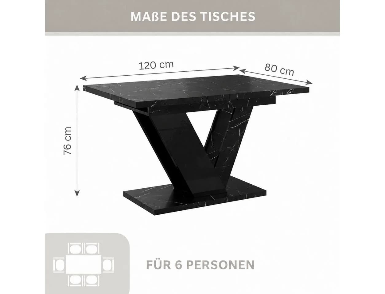 Home Collective Esstisch ausziehbar Schwarz Marmor-Optik V-Gestell - Bild 4