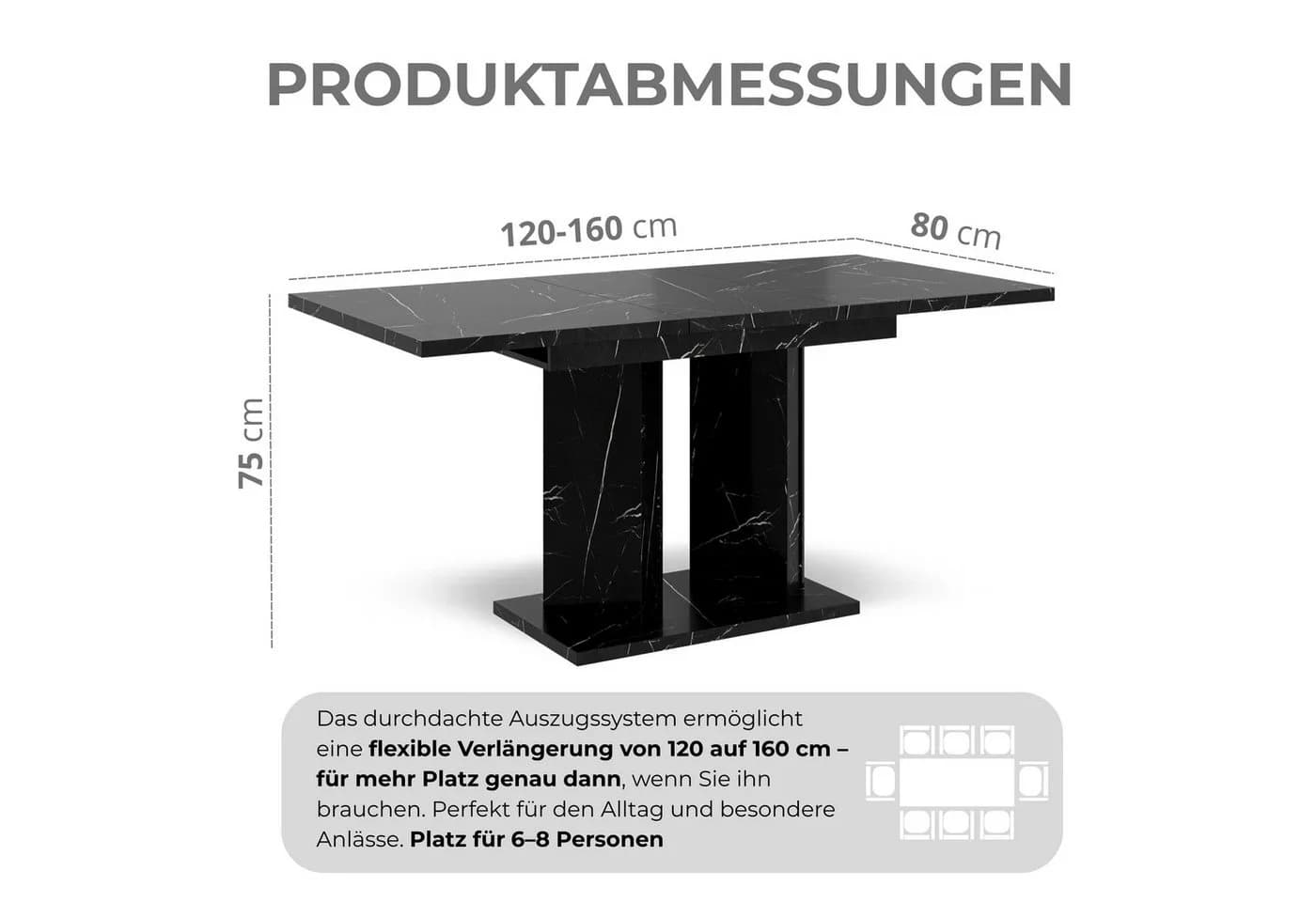 Home Collective Ausziehbarer Esstisch Schwarz Marmor-Optik Doppel-Säulengestell - Bild 3