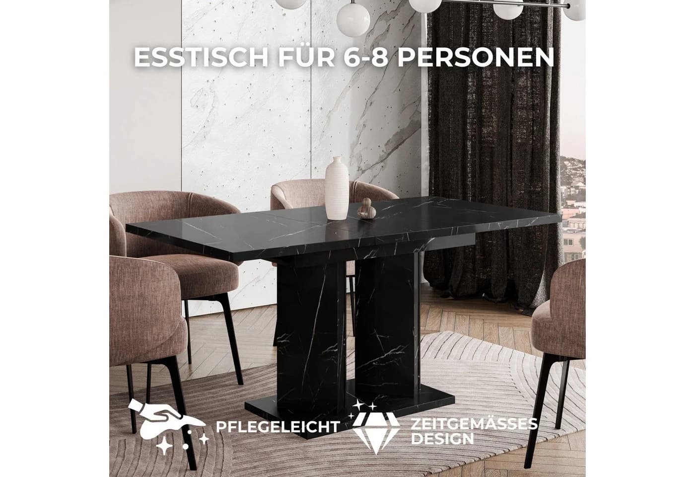 Home Collective Ausziehbarer Esstisch Schwarz Marmor-Optik Doppel-Säulengestell - Bild 4