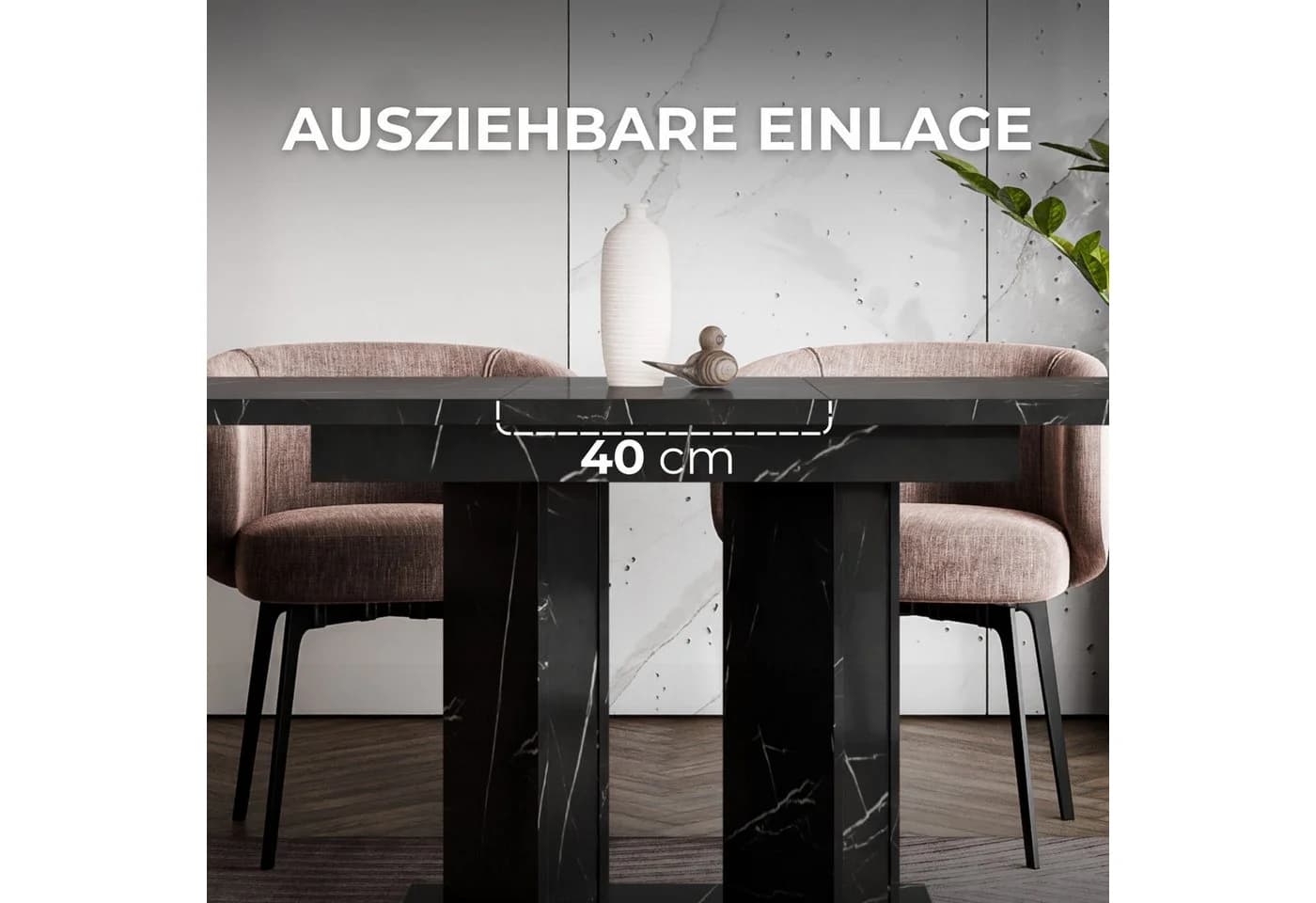 Home Collective Ausziehbarer Esstisch Schwarz Marmor-Optik Doppel-Säulengestell - Bild 5