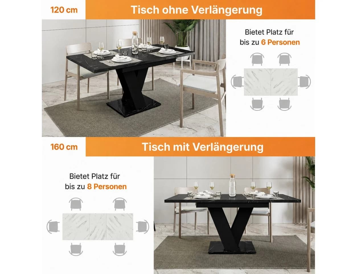 Home Collective Ausziehbarer Esstisch Schwarz Marmor-Optik V-Gestell - Bild 4