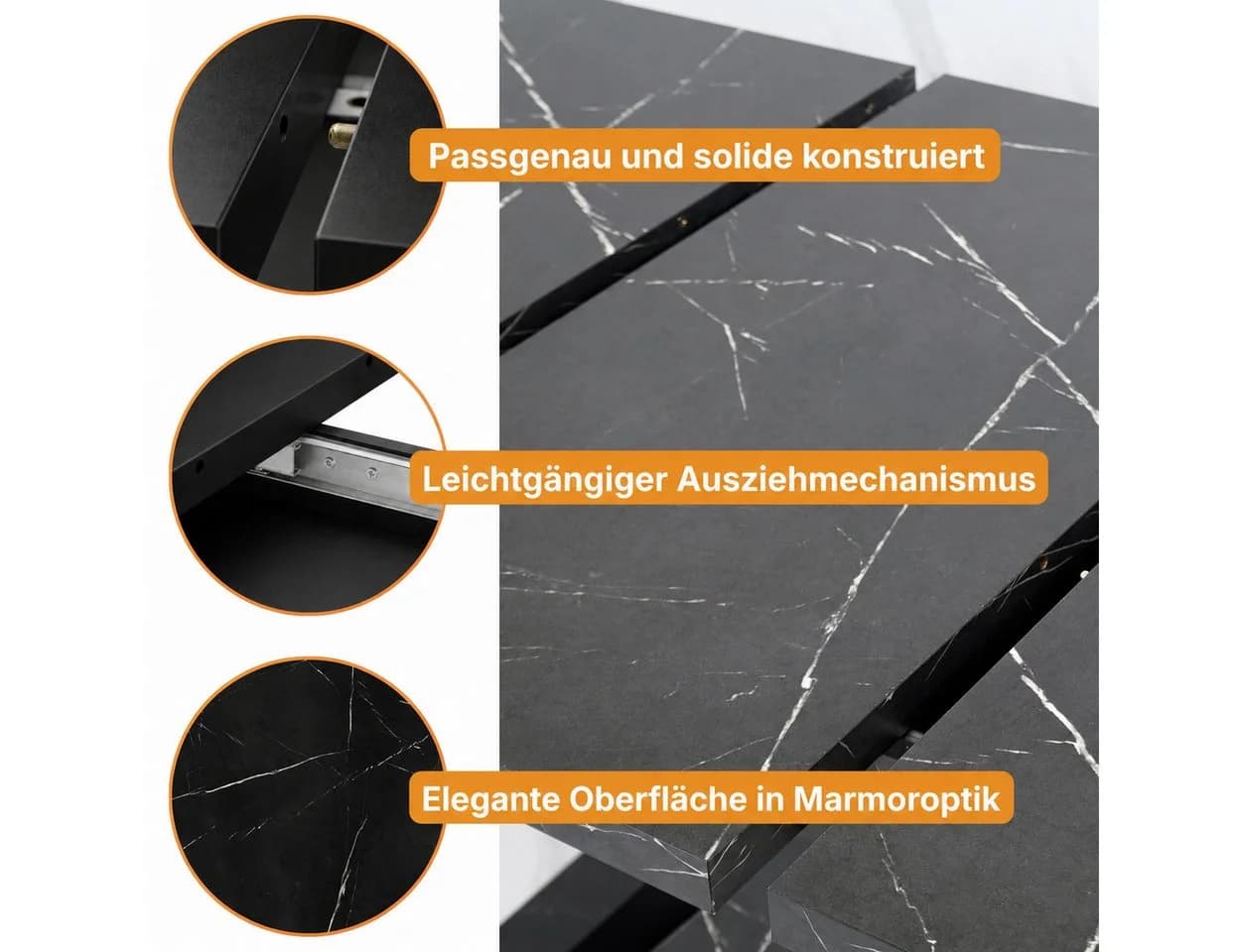 Home Collective Ausziehbarer Esstisch Schwarz Marmor-Optik V-Gestell - Bild 5