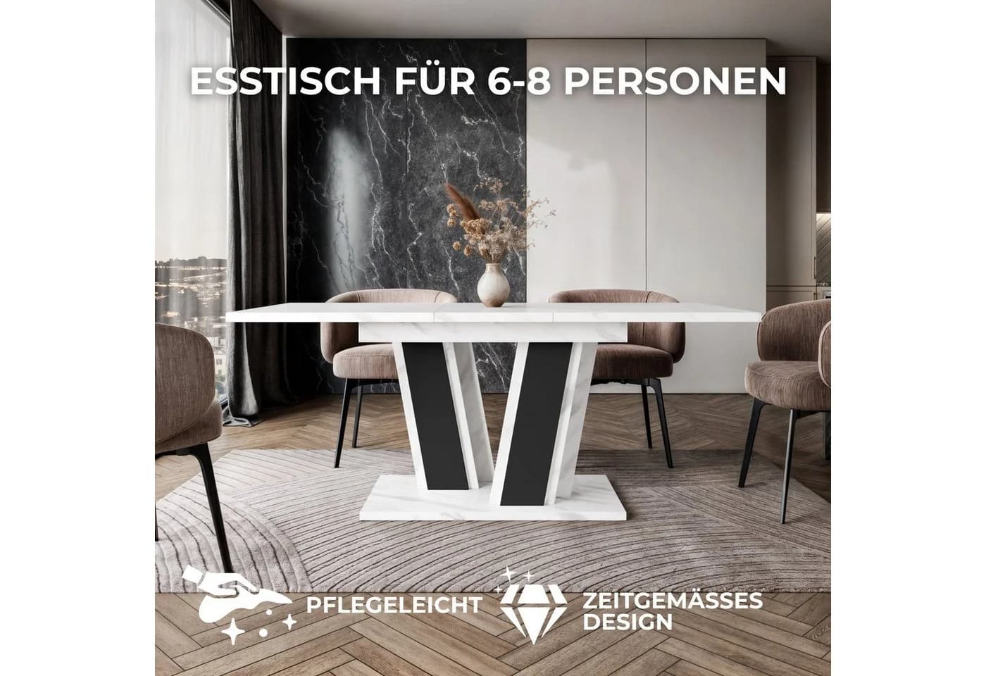 Home Collective Ausziehbarer Esstisch Weiß Marmor-Optik Doppel-Säulengestell - Bild 3