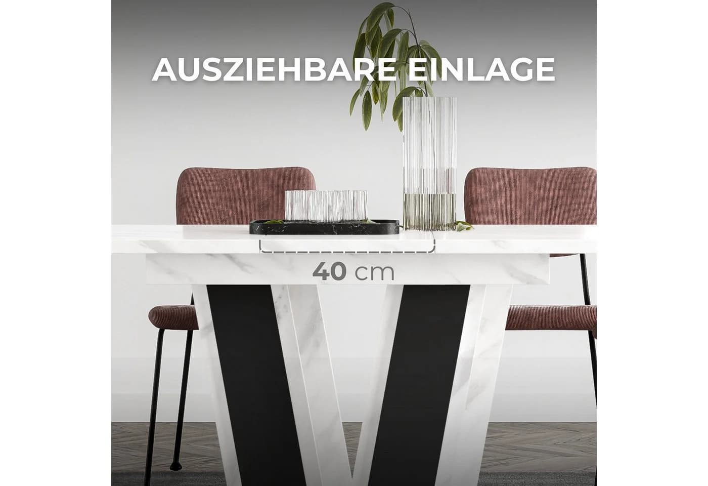Home Collective Ausziehbarer Esstisch Weiß Marmor-Optik Doppel-Säulengestell - Bild 4
