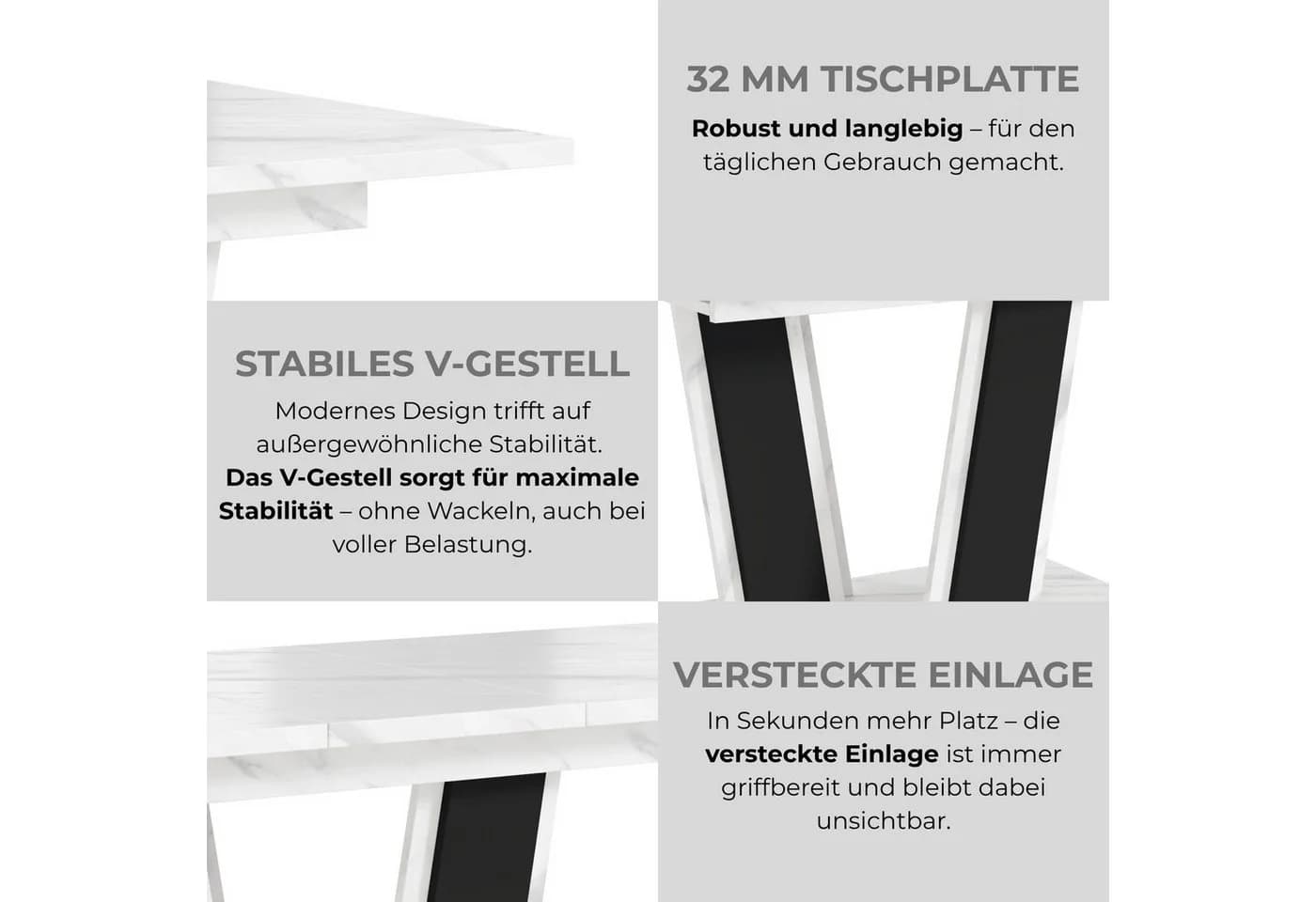 Home Collective Ausziehbarer Esstisch Weiß Marmor-Optik Doppel-Säulengestell - Bild 5