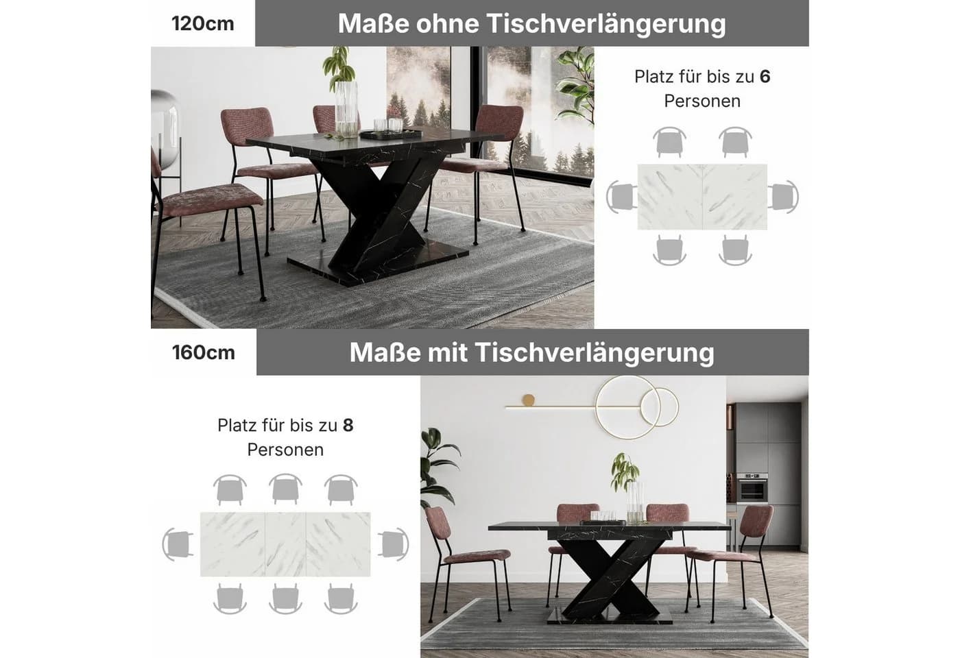 Home Collective Esstisch ausziehbar Schwarz Marmor-Optik X-Gestell - Bild 3