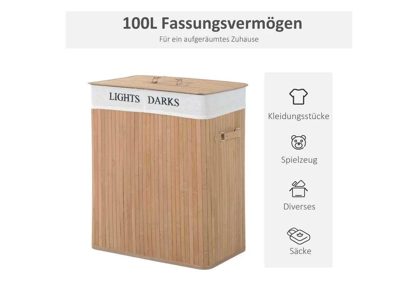 furnicato Wäschekorb Bambus Natur mit Wäschesack - Bild 3