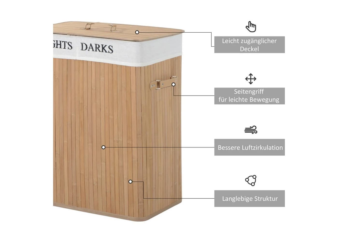 furnicato Wäschekorb Bambus Natur mit Wäschesack - Bild 4