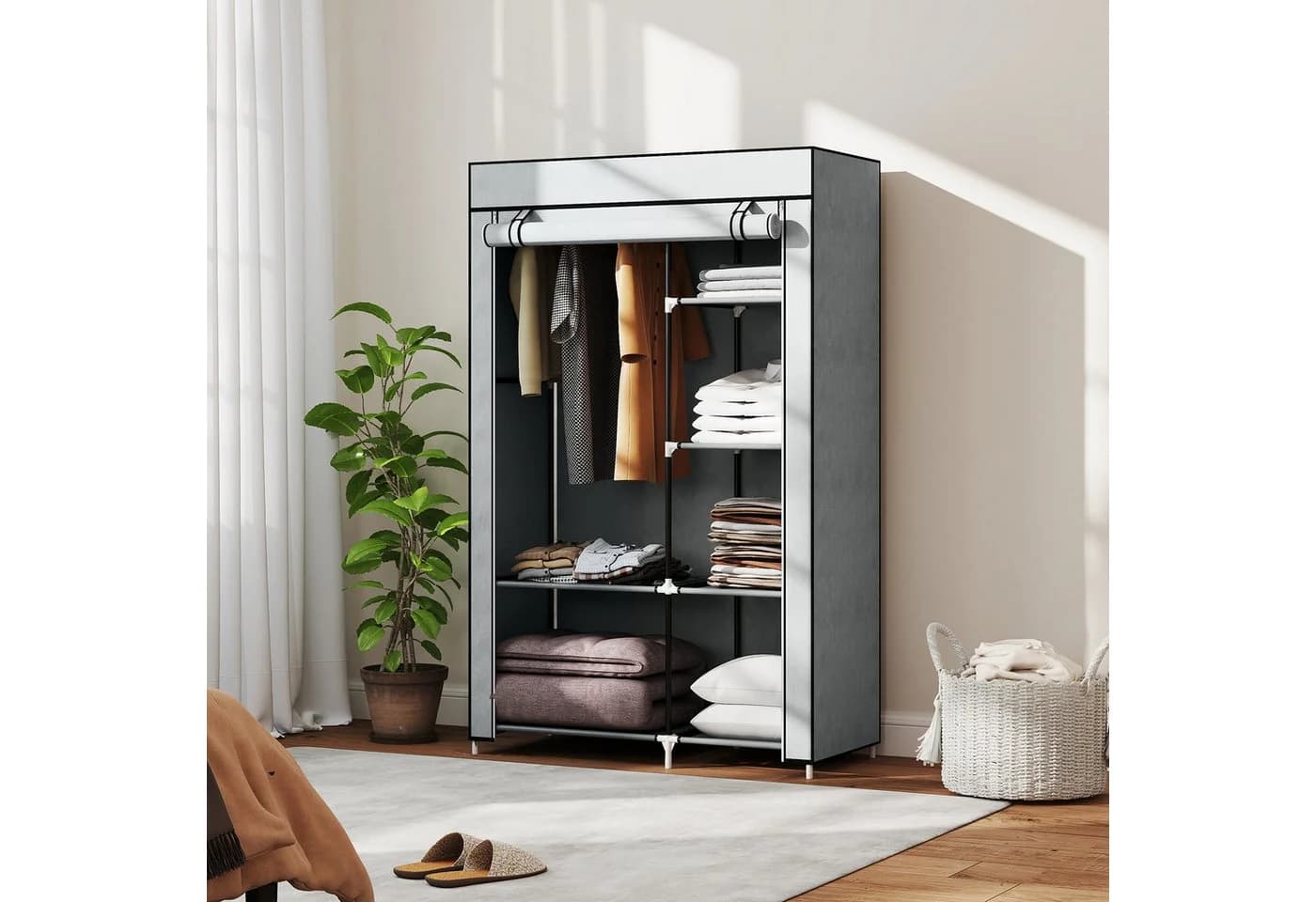 furnicato Kleiderschrank Stoffschrank Grau mit Kleiderstange
