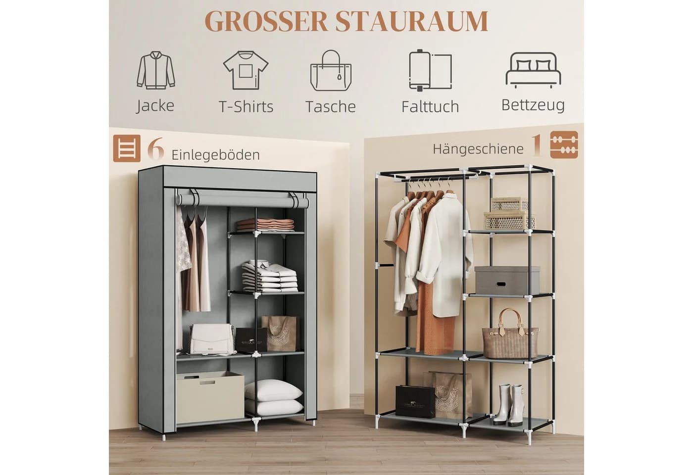 furnicato Kleiderschrank Stoffschrank Grau mit Kleiderstange - Bild 3