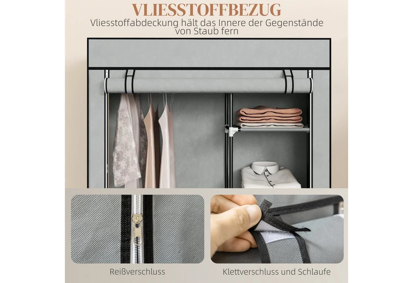 furnicato Kleiderschrank Stoffschrank Grau mit Kleiderstange - Bild 4