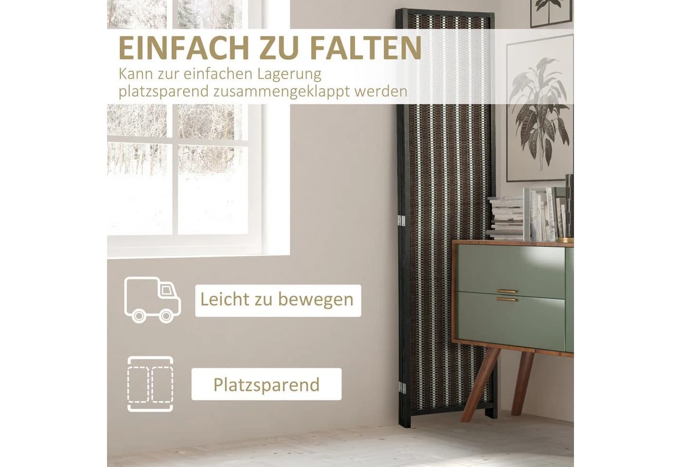 HOMCOM Paravent 4-teilig Faltbar Raumtrenner Bambus Braun/Schwarz - Bild 5