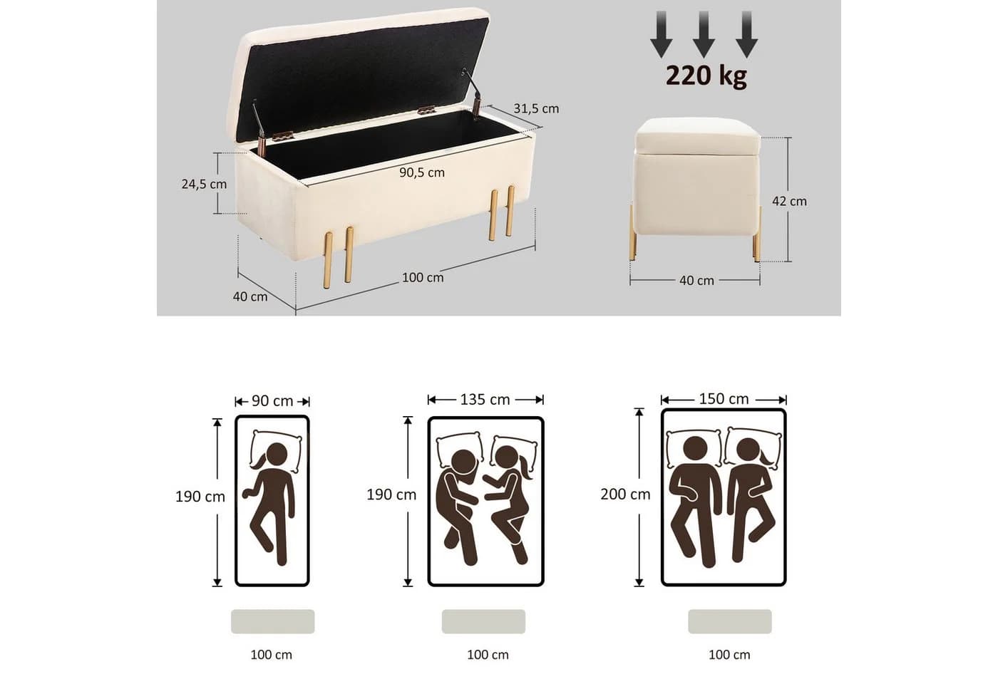 HOMCOM Sitzbank mit Stauraum Beige Samt - Bild 3