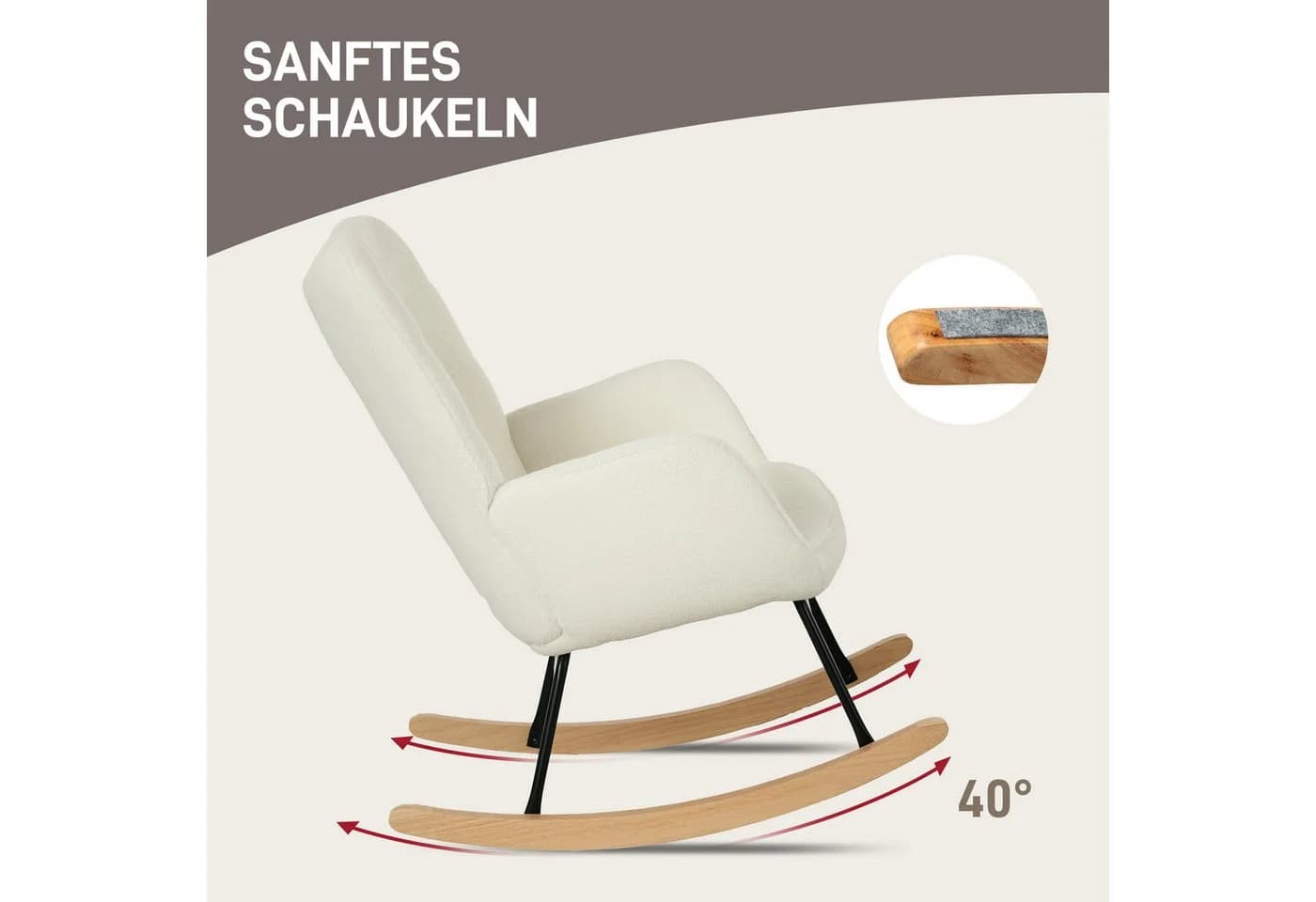 HOMCOM Schaukelstuhl mit Berbervliesoptik, Armlehne, Holzkufen, Weiß - Bild 4