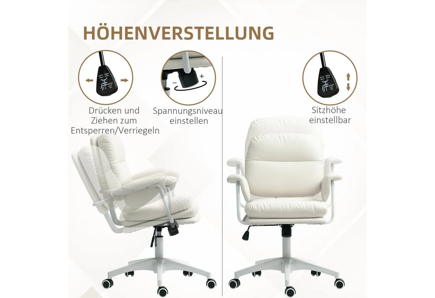 HOMCOM Schreibtischstuhl mit Kippfunktion, gepolstert, höhenverstellbar, mit Fußstütze, Weiß - Bild 4