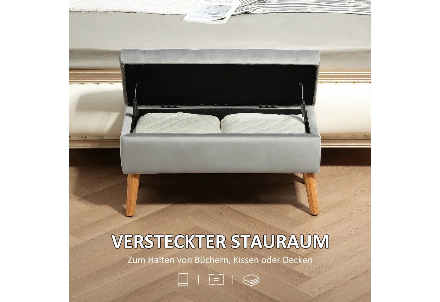 HOMCOM Sitzbank mit Stauraum Grau Samtoptik Polsterbank - Bild 4