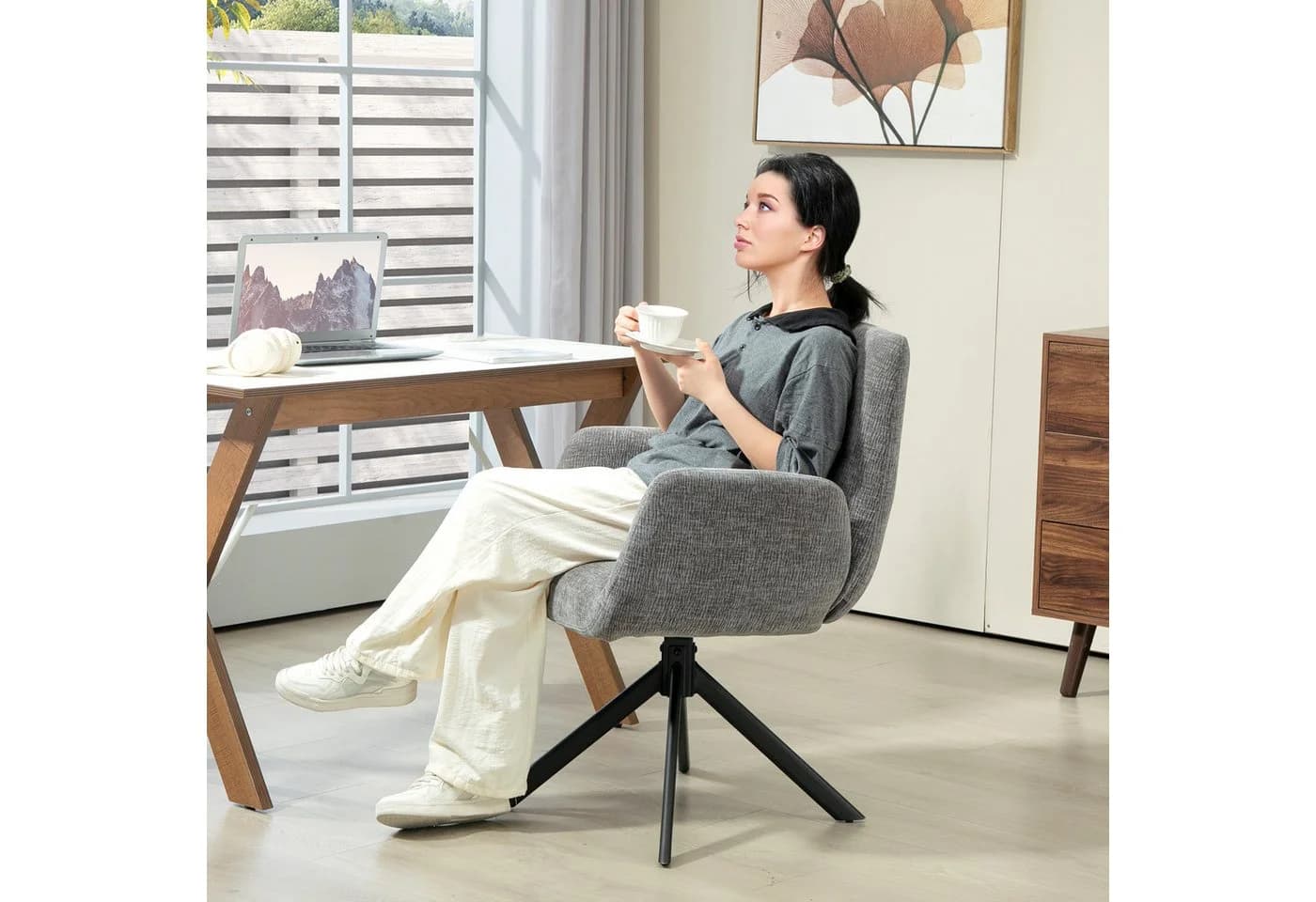 HOMCOM Relaxsessel Drehbar Sessel mit Armlehne Wolle-Leinenoptik Dunkelgrau - Bild 2