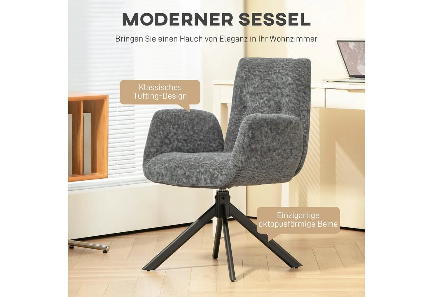 HOMCOM Relaxsessel Drehbar Sessel mit Armlehne Wolle-Leinenoptik Dunkelgrau - Bild 4