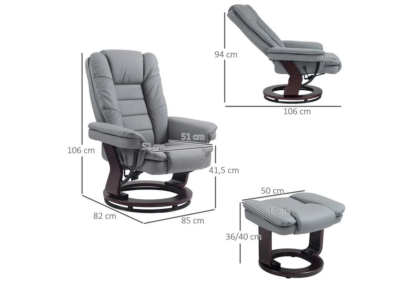 HOMCOM Relaxsessel Grau mit Hocker 360° drehbar Kunstleder - Bild 3