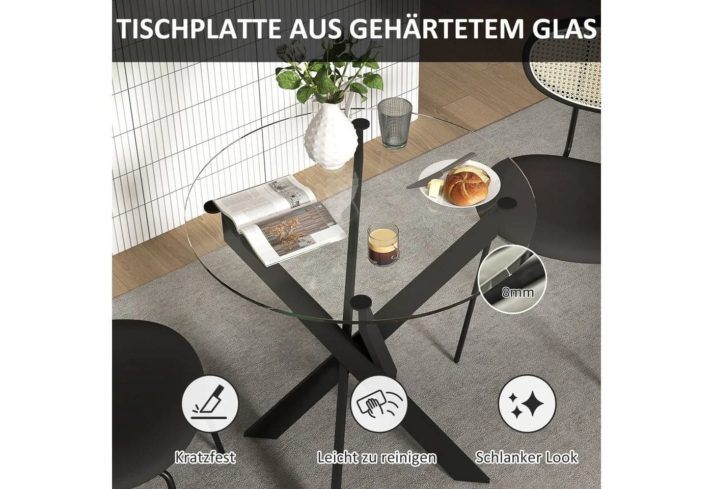 HOMCOM Esstisch rund Schwarz Transparent Hartglas - Bild 4