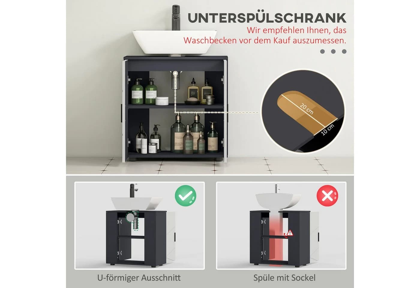 Kleankin Waschbeckenunterschrank Grau Verstellbare Ablage - Bild 4