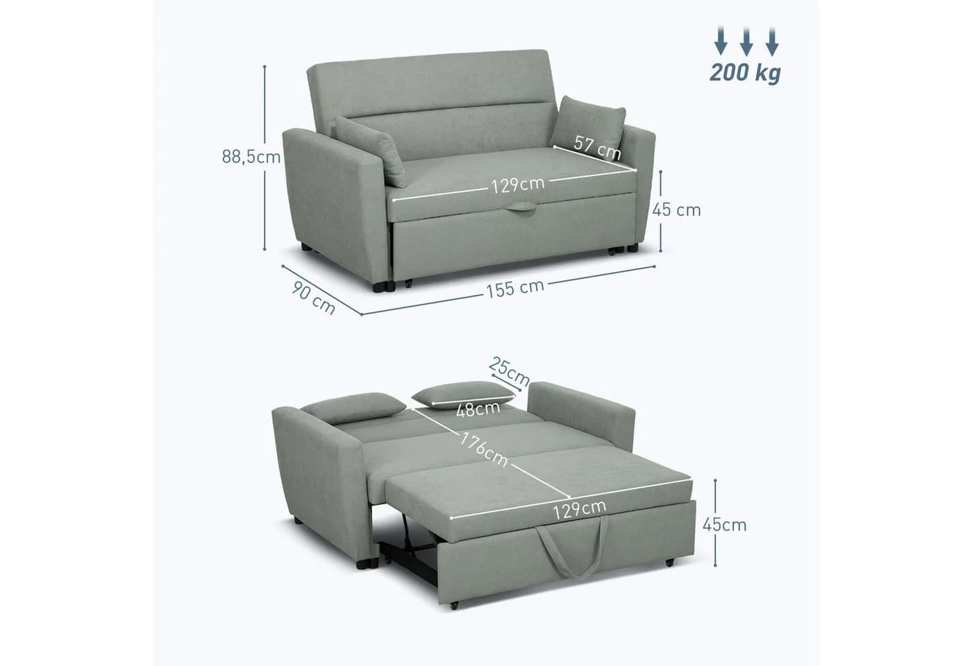 HOMCOM Schlafsofa 2-Sitzer Hellgrau mit Schlaffunktion - Bild 3