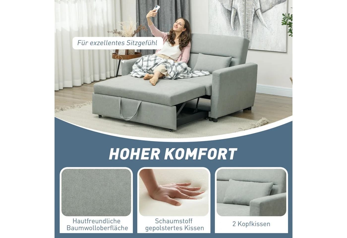 HOMCOM Schlafsofa 2-Sitzer Hellgrau mit Schlaffunktion - Bild 5