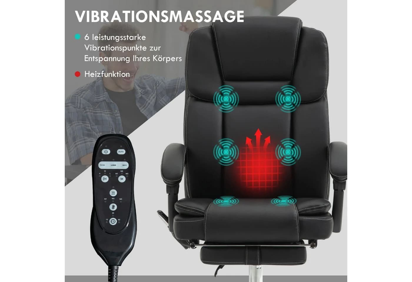 Vinsetto Schreibtischstuhl Bürostuhl mit Massage-, Heiz-, Liegefunktion, Schwarz - Bild 4
