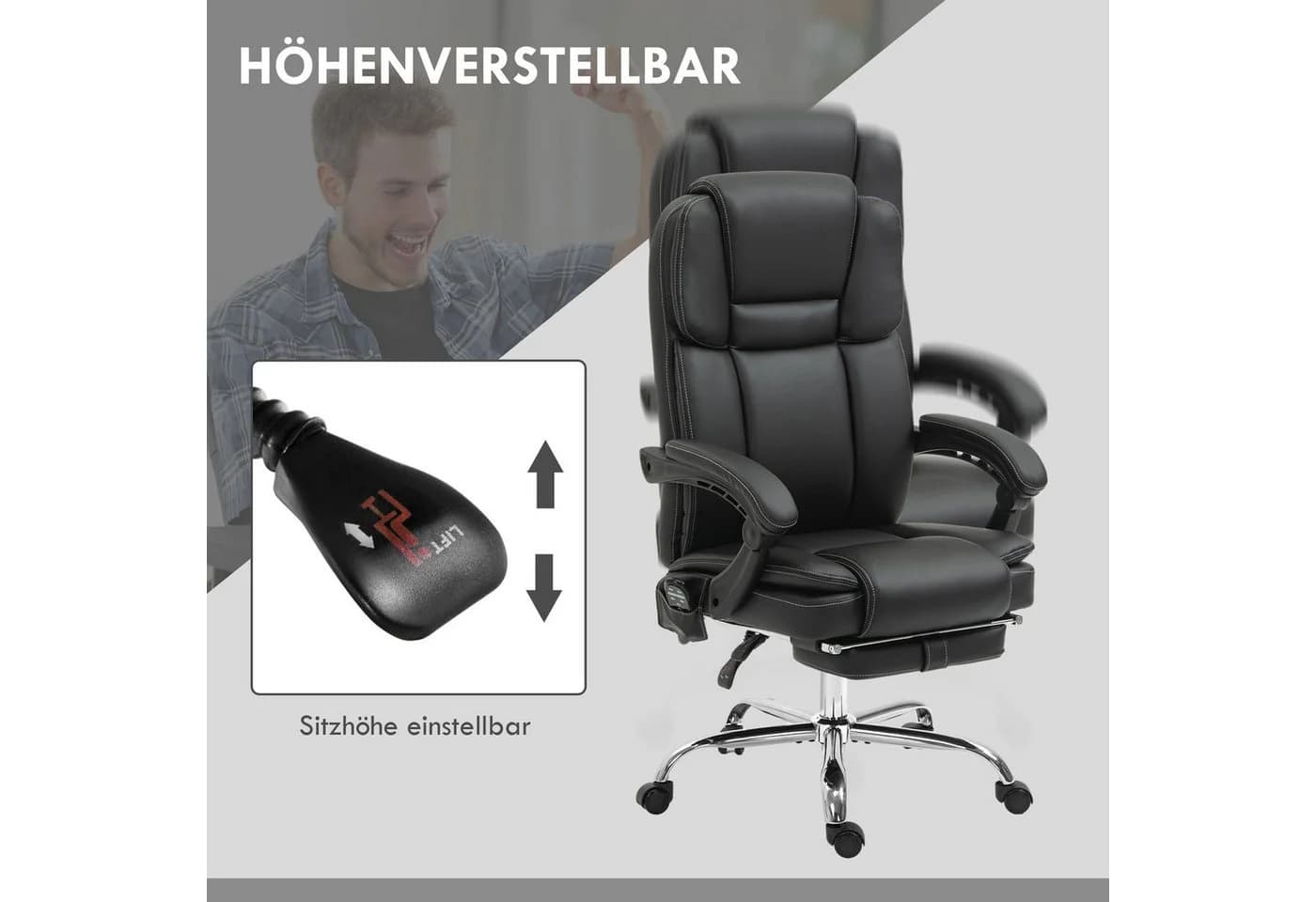 Vinsetto Schreibtischstuhl Bürostuhl mit Massage-, Heiz-, Liegefunktion, Schwarz - Bild 5