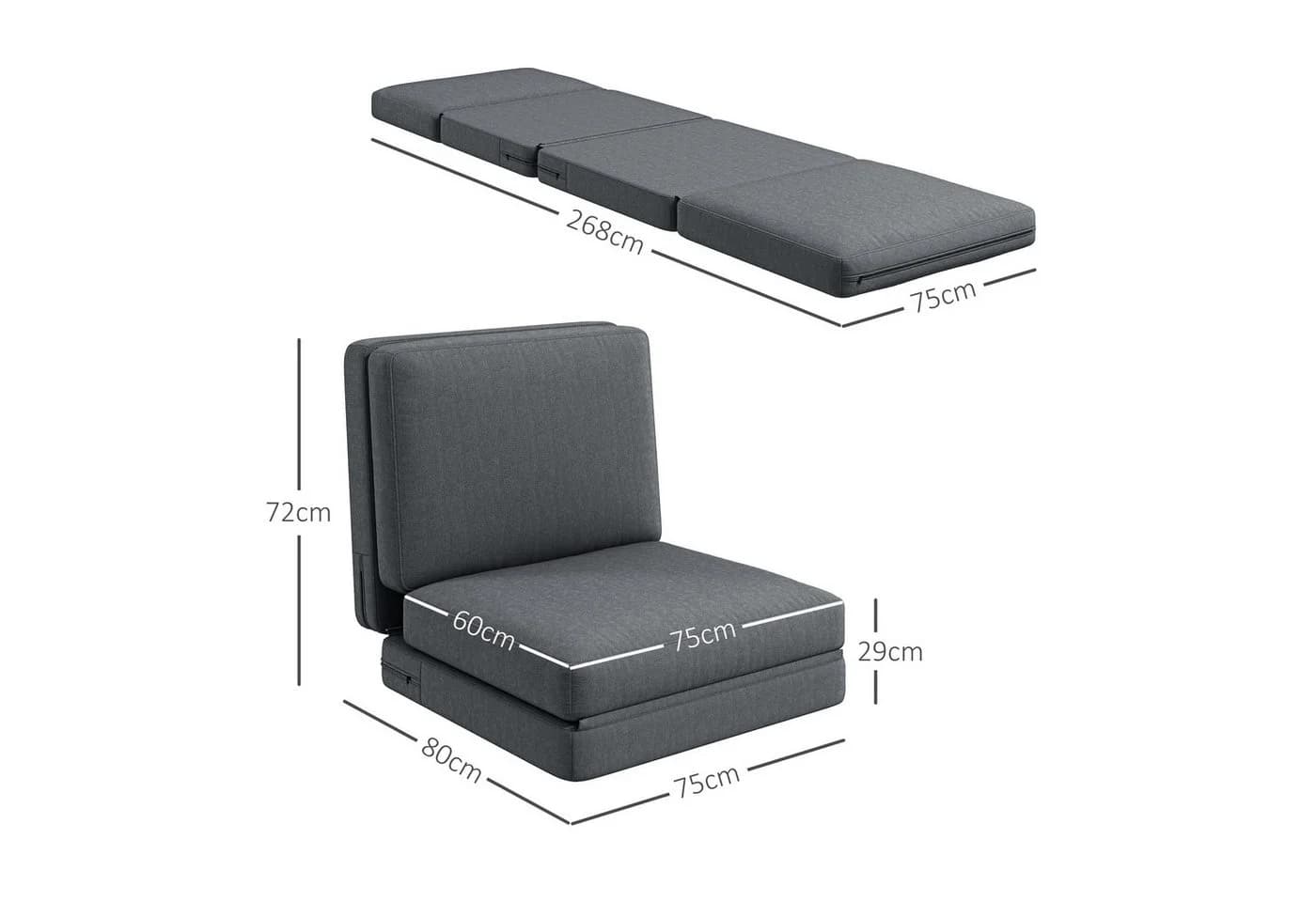 HOMCOM 3-in-1 Sitzkissen Klappbar Schlafsofa Dunkelgrau Samt - Bild 3