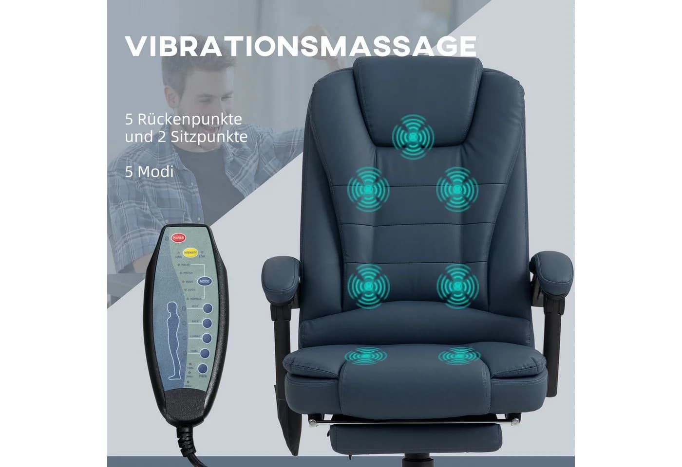 Vinsetto Schreibtischstuhl mit 7-Punkt-Massage, Liegefunktion, Fernbedienung, Blau - Bild 4