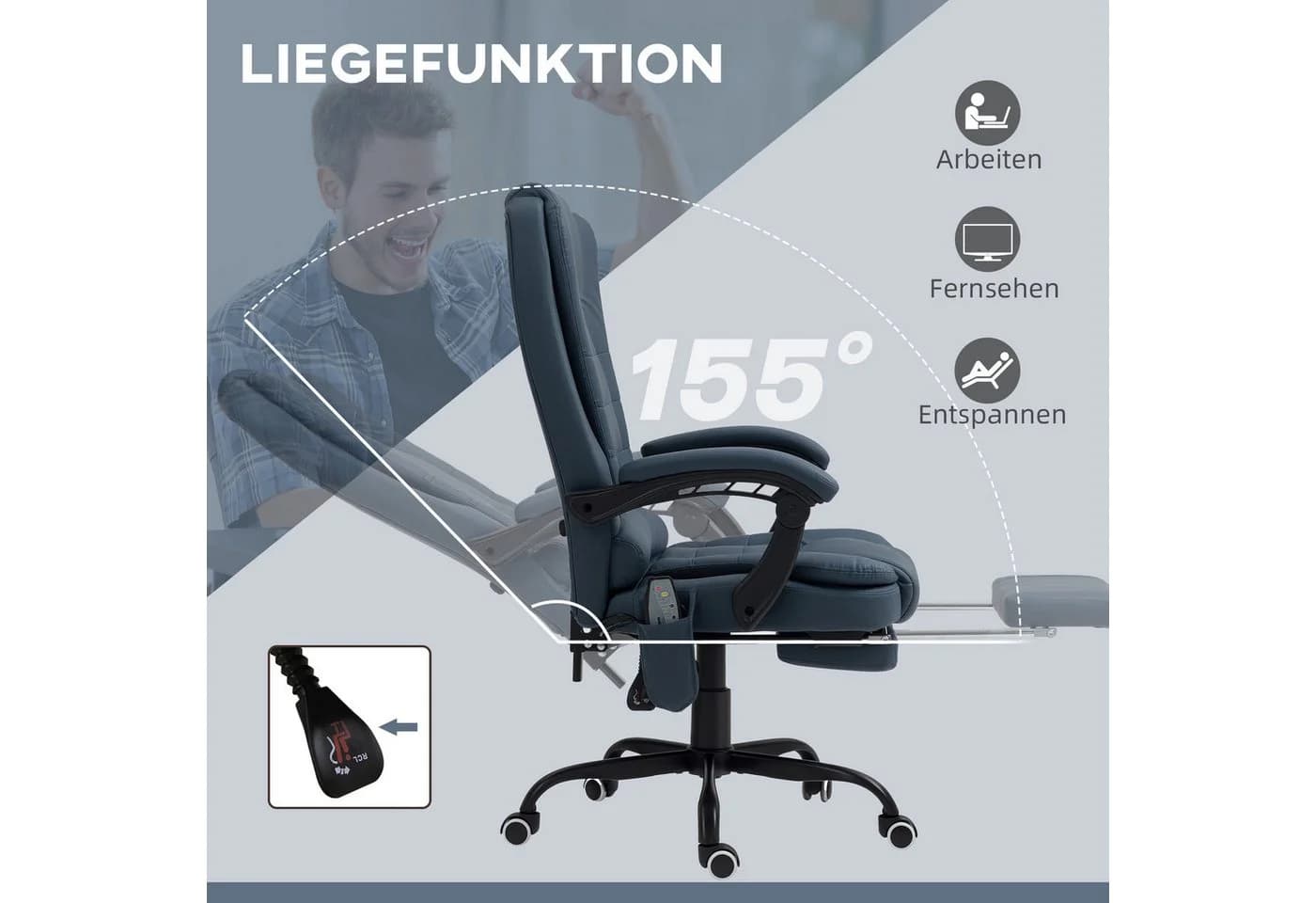 Vinsetto Schreibtischstuhl mit 7-Punkt-Massage, Liegefunktion, Fernbedienung, Blau - Bild 5