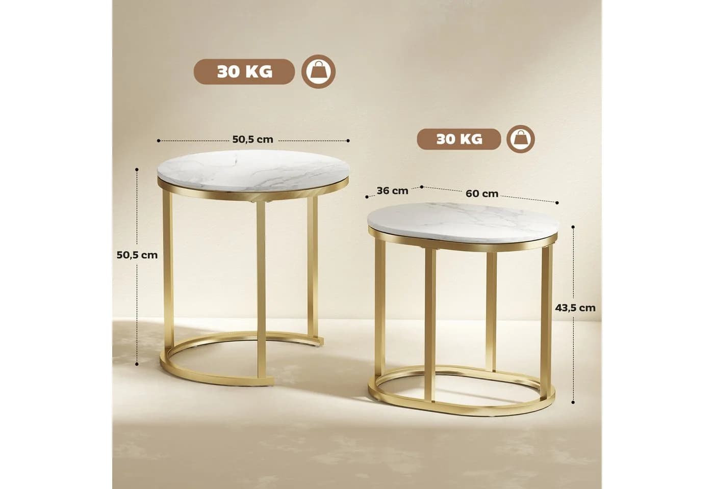 HOMCOM Couchtisch 2er Set Stapelbarer Kaffeetisch mit Stahlrahmen Weiß - Bild 3
