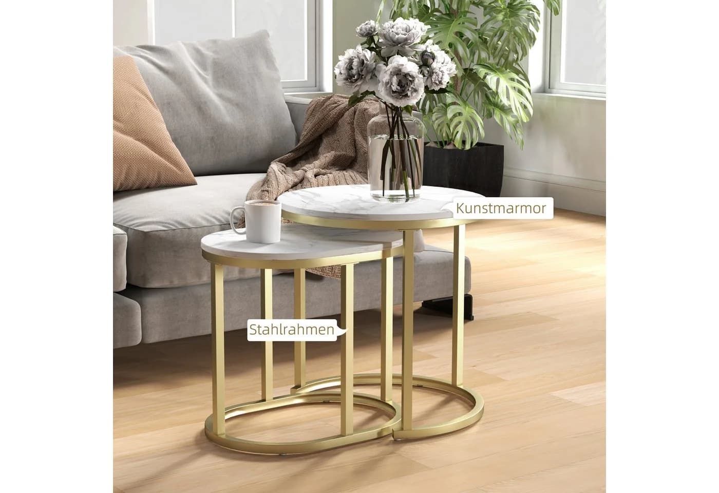 HOMCOM Couchtisch 2er Set Stapelbarer Kaffeetisch mit Stahlrahmen Weiß - Bild 5