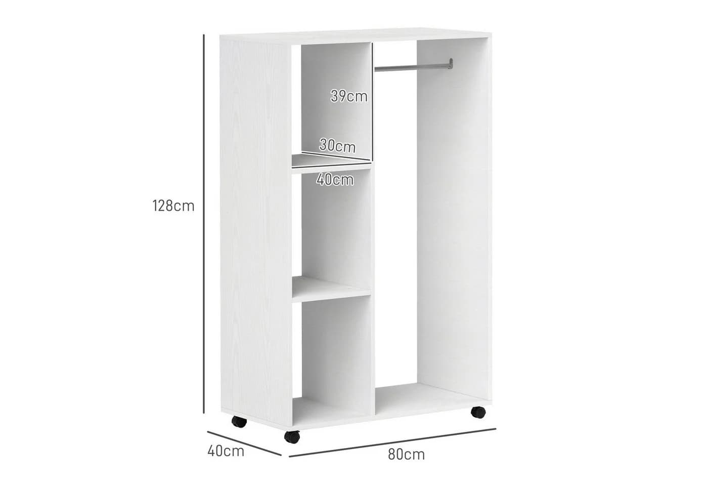 HOMCOM Garderobenschrank Weiß mit Rollen und 3 Regalen - Bild 3